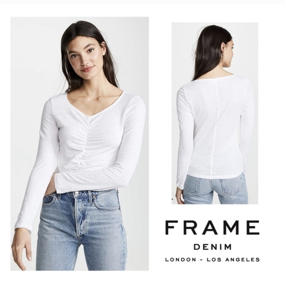 Frame Denim linen jersey white ruched top XL (tag says L but fits like XL-XXL) - Picture 5 of 10
